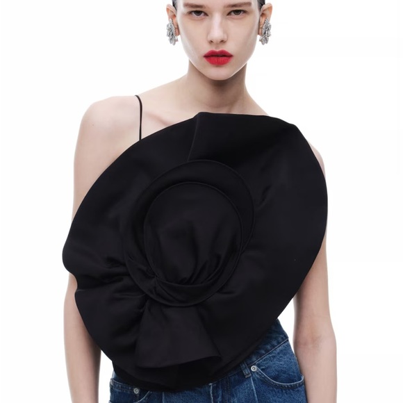 NWT MAGDA BUTRYM H&M GATHERED floral CAMISOLE TOP WITH ROSE APPLIQUÉ BLACK - Picture 1 of 6